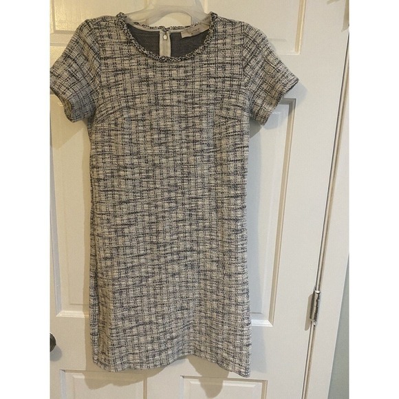 Loft black/white/blue Tweed Plaid Fringe Shift Dress Size 2 - Picture 1 of 8